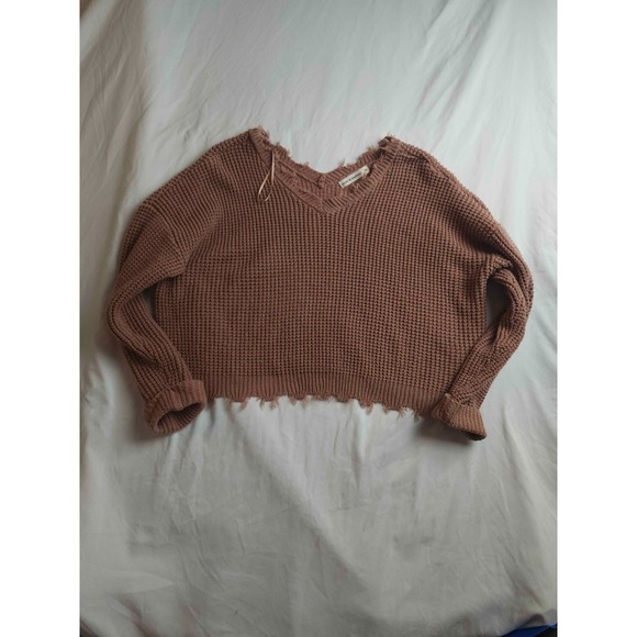 moon & madison Sweaters - Moon & Madison Sweater Womens Medium Brown Knit Crop Pullover Long Sleeve Fringe